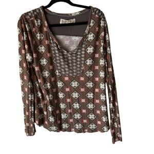 Aventura Shirt Womens XL Multicolor Boho Rayon Peasant‎ Geometric Print Top
